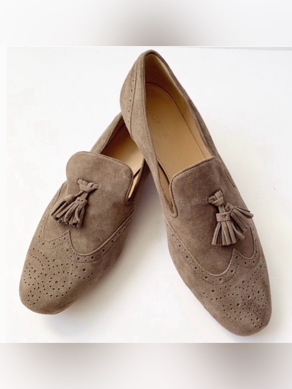 J. Crew Georgie Suede Tassel Loafers in Taupe shade/ Mushroom brown tone.
